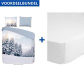Luxe Dekbedovertrek Eenpersoons - 140x200/220cm - Inclusief 1 Kussensloop - 100% Zacht Polyester - Winter View Blauw + Zachte Katoenen Hoeslaken - 80x200cm - Wit
