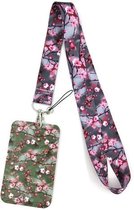 Badgehouders - pashouder met keycord kersenbloesem grijs - uitschuifbaar - sleutels en passen - telefoonkoord - bloemen