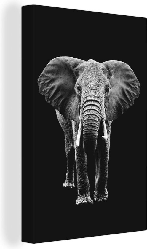 OneMillionCanvasses - Canvas - Olifant - Zwart-wit - Grote oren - Zwarte achtergrond - Kamer decoratie - Wanddecoratie - 60x90 cm