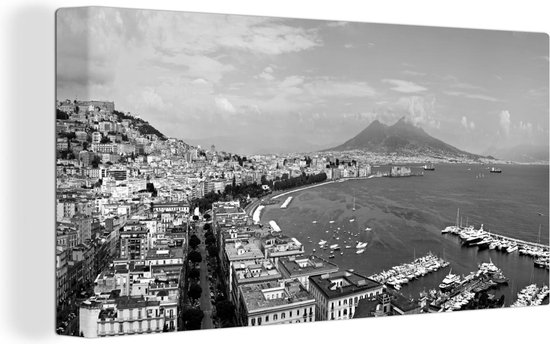 Canvas Schilderij Panorama van de Italiaanse stad Napels - zwart wit - 40x20 cm - Wanddecoratie