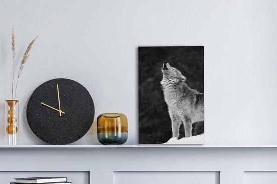 Tableau sur toile Loup hurlant gris - noir et blanc - 20x30 cm - Décoration murale