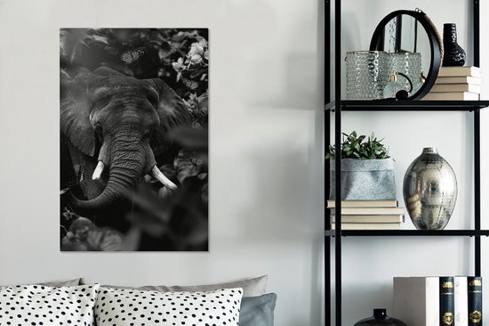 Tableau sur toile Éléphant et papillons dans la jungle - noir et blanc - 40x60 cm - Décoration murale