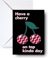 Cherry on top - Wenskaart met envelop kers patroon - Kers op de taart - Verjaardagskaart - Postcard/card - A6 kaart grafische print - Studio Emo