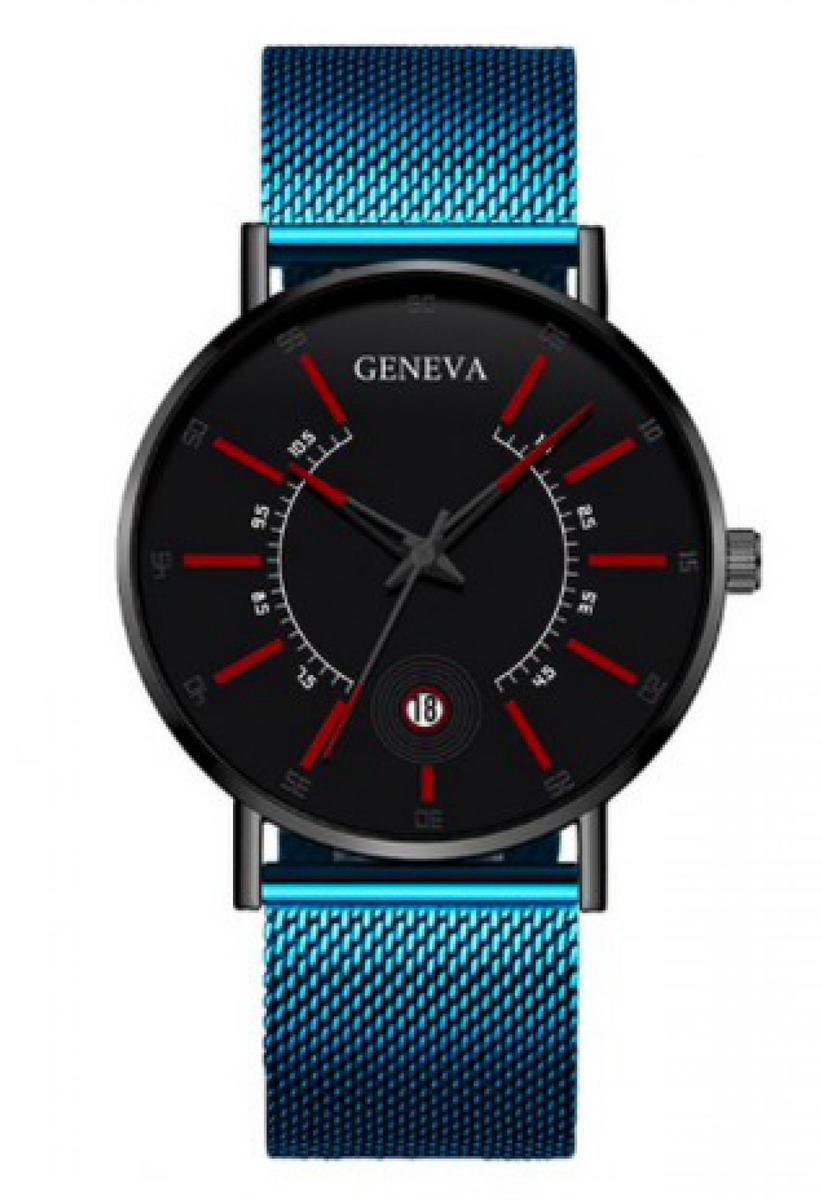 Hidzo Horloge Geneva - Met Datumaanduiding - Ø 40 mm - Blauw-Rood - Staal