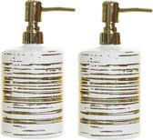 2x stuks zeeppompjes/zeepdispensers wit met gouden strepen glas 450 ml - Badkamer/keuken zeep dispenser