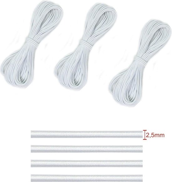 Elastiek koord 2.5mm wit | 10 meter | Elastiek naaien | Elastiek voor het maken van maskers | Elastiek band | Rekkers voor mondkapjes & mondmaskers medisch