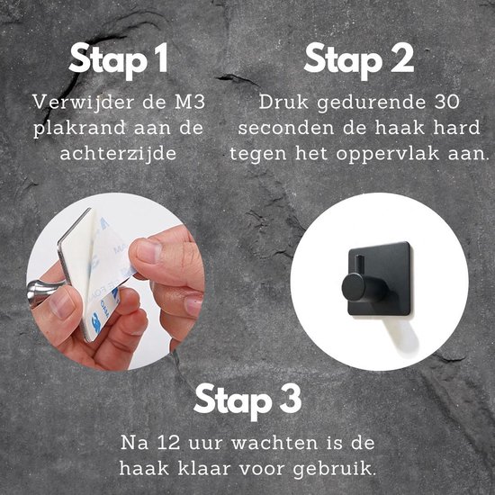 Illustration en 3 étapes pour installer un crochet noir.