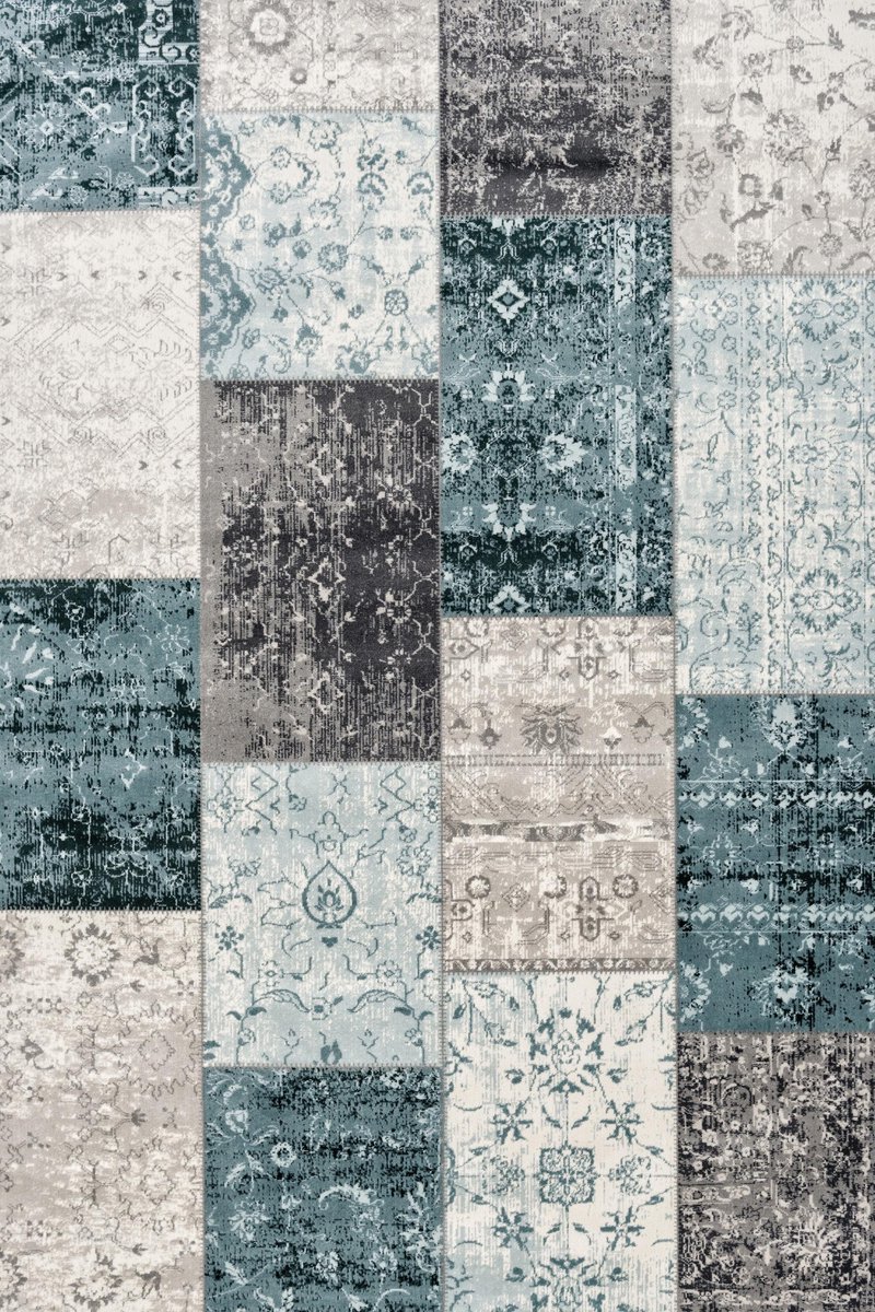 LIFA LIVING Vloerkleed - Patchwork - Geruit Design - Retro - Donkergrijs/Blauw - 80 x 150 cm