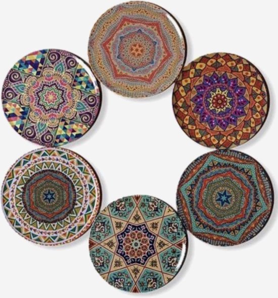 Onderzetters voor glazen - Tafelaccessoires -  Onderzetters - kurk - Coasters - Set van 6 - Onderzetter - Mandala design  - Cadeau - Sunar Home