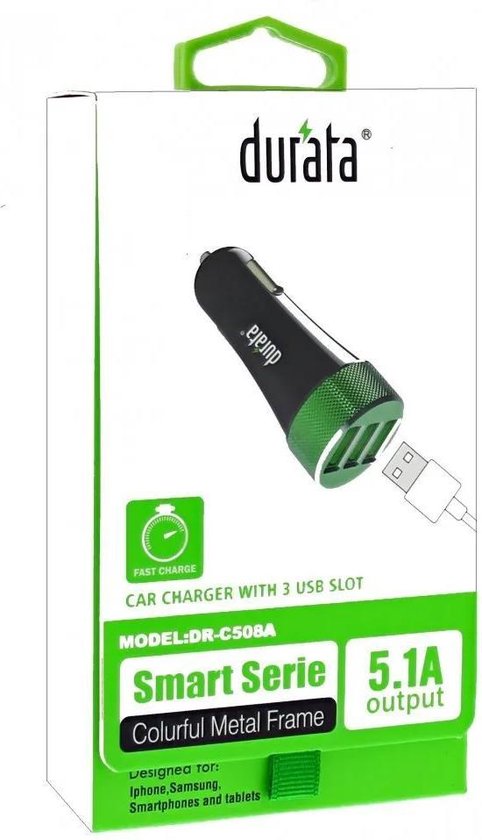Durata USB C DR-C508C Zwart Autolader 3 USB Poort 5.1A met 1 Type C USB  Kabel Voor... | bol.com