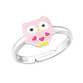 Joy|S - Zilveren uil ring verstelbaar roze met hartjes