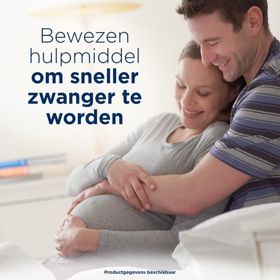 Een lachend stel omhelst elkaar, de vrouw is zwanger. Tekst: 'Bewezen hulpmiddel om sneller zwanger te worden'.
