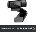 Webcam Logitech C920 noire avec accents bleus, HD 1080p, avec des icônes de compatibilité.