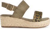 PS Poelman Dames Sandalen met Espadrille Zool - Iris - Khaki Groen met Furry Luipaard Print - Maat 40