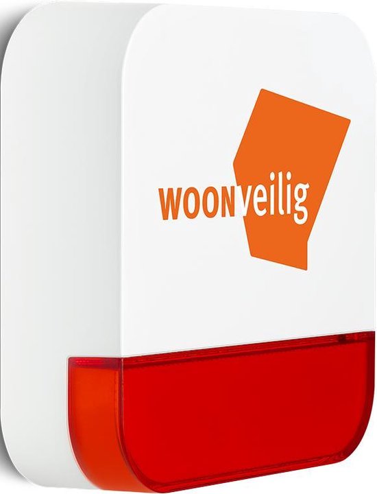 Witte WoongVeilig buitenunit met rode alarmlichtrand.
