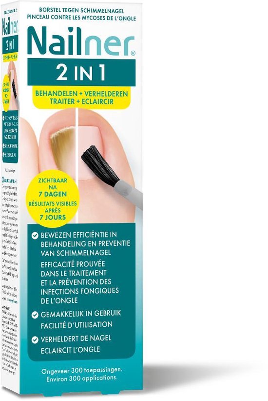 Nailner Brush 2 in 1 behandelt kalknagels effectief en geeft een kleurverbeterend effect. Voor de behandeling en preventie van schimmelnagels en herstellen het uiterlijk van de aangetaste nagel extra snel dankzij het kleurverbeterend effect.