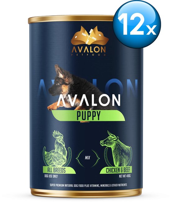 Avalon Petfood – Natvoer voor Honden (Puppy) – Kip & Rund – 12 blikken x 410 gram