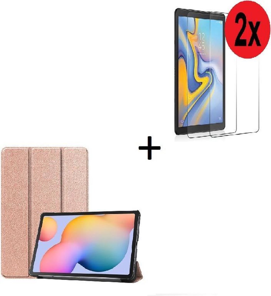Geschikt voor Samsung Galaxy Tab S6 Lite (P610) hoes Tri fold book case hoesje Back Cover met stand Rose Goud+ 2x Tempered Gehard Glas / Glazen screenprotector Pearlycase