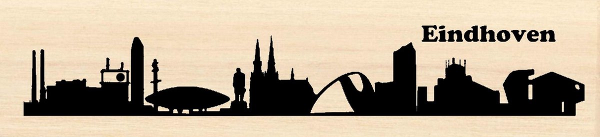 Houten skyline Eindhoven - Gebrand hout - Wanddecoratie / muurdecoratie - 38cm x 11.5cm x 12mm - Brabant - Blob - Evoluon - Klokgebouw - Sint-Catharinakerk - Populierenhout