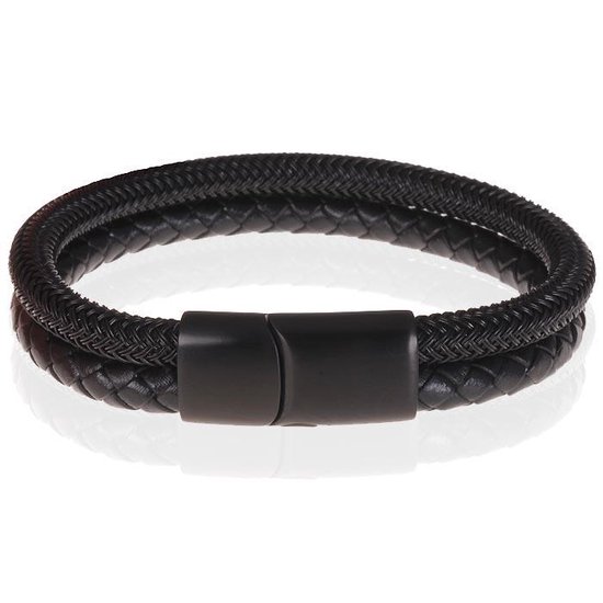 Heren armband Tom Jaxon Gevlochten Leer en Staal Zwart-19cm