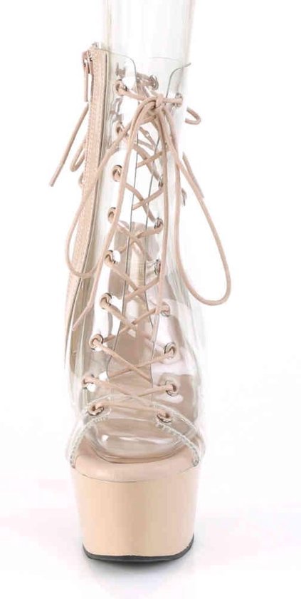 Avant d'une botte compensée beige à tige transparente, lacets et fermeture éclair.