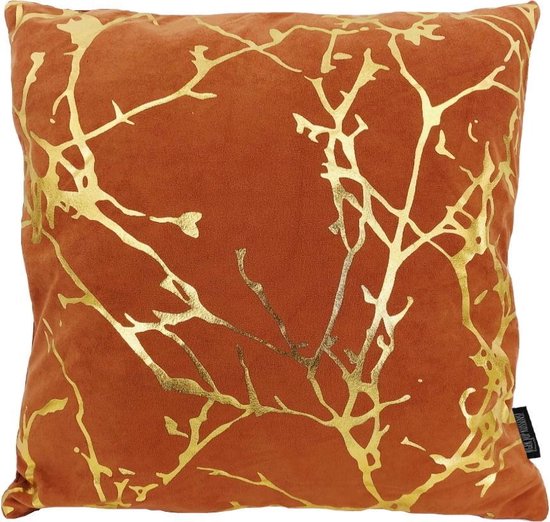 Velvet Marble Orange Kussenhoes | Velours - Polyester | 45 x 45 cm | Oranje - Goud