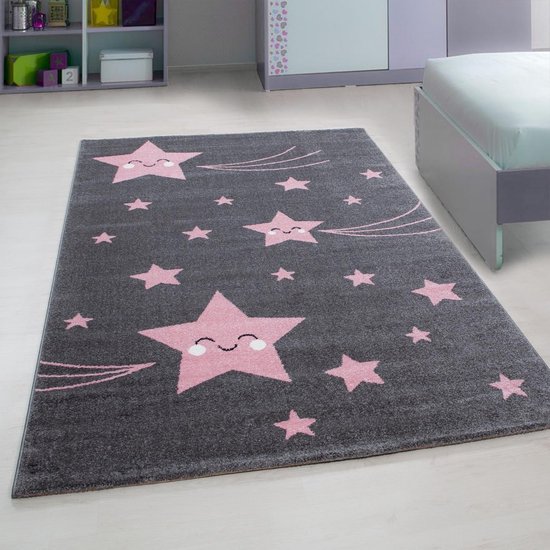 Tapis Enfants Etoiles Chambre d'Enfants Rose / Gris Low Pole - 80x150 CM