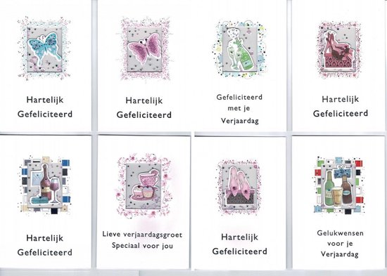 8 Cards & Crafts Luxe Wenskaarten - 13,5x19cm - Met Glitters - Gevouwen kaarten met enveloppen