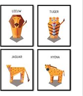 Postercity - Design Canvas Poster set Pixel  Tijger, Jaguar, Leeuw en Hyena / Safari Dieren / Kinderkamer / Dieren Poster / Babykamer - Kinderposter / Babyshower Cadeau / Muurdecoratie / 30 x