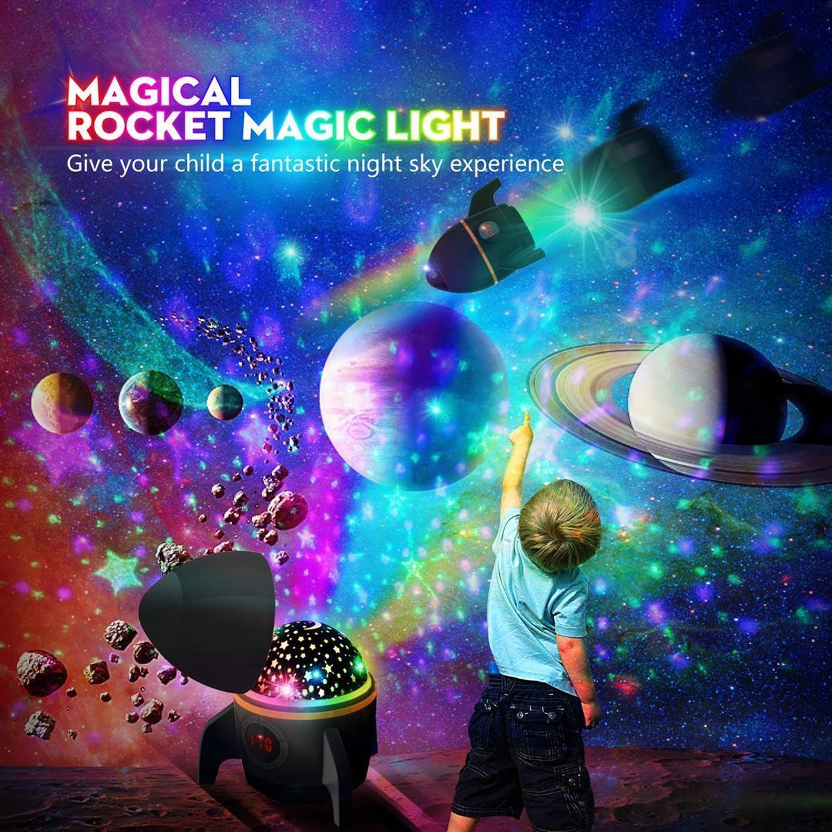 Sterrenhemel LED Projector Raket Zwart - Lamp Nachtkastje - Nachtlamp Kind - Universum - Sterrenprojector - Heelal – foto 5