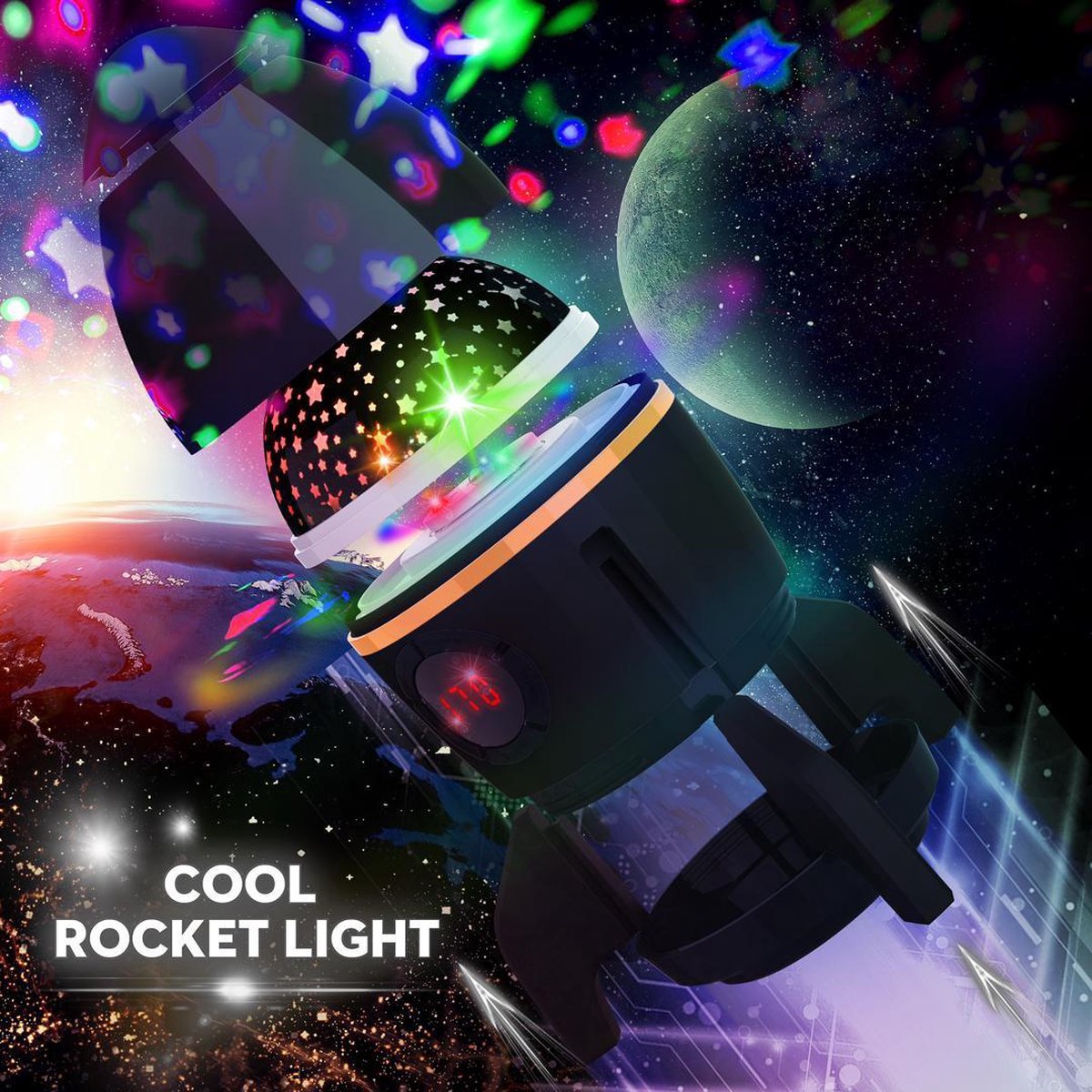 Sterrenhemel LED Projector Raket Zwart - Lamp Nachtkastje - Nachtlamp Kind - Universum - Sterrenprojector - Heelal – foto 4