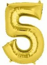 Folie ballon XL cijfer 5 goud kleur is  + - 1 meter groot groot  inclusief een flamingo sleutelhanger