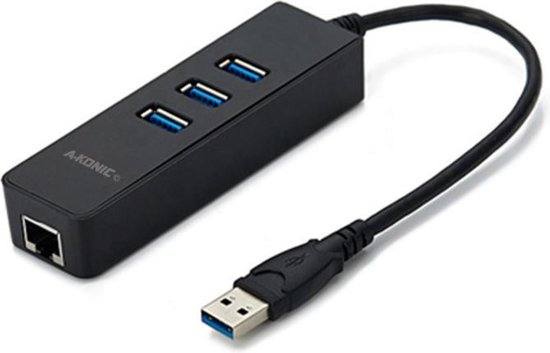 A-KONIC© USB 3.0 Naar Ethernet Lan Netwerk Adapter & 3X USB 3.0 | USB-A To Internet RJ45 Poort + 3 USB 3.0 poorten | 10/100/1000 Mbps | Surface | Dell | Lenovo | Asus | Acer | Zwart