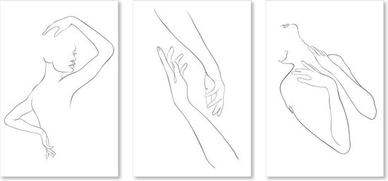 Graphic Message Schilderij op Canvas Handen 2 - Line Art Serie - Set van 3 - Drieluik