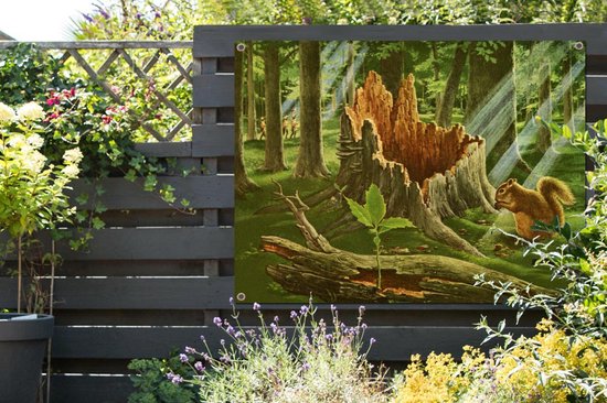 Une illustration d'un écureuil à côté d'une souche d'arbre affiche de jardin 160x120 cm - Toile de jardin / Toile d'extérieur / Peintures d'extérieur (décoration de jardin) XXL / Groot format!