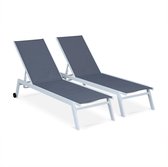 ELSA - Set van 2 ligstoelen van aluminium en textileen, ligbed multipositioneel met wieltjes, kleur wit/grijs