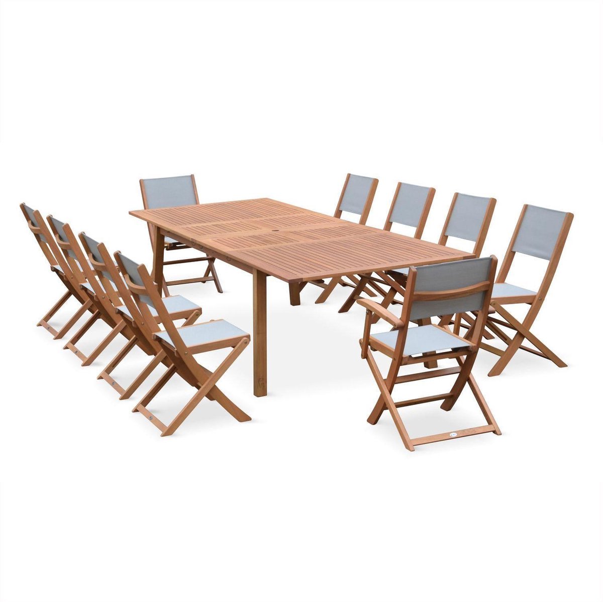 sweeek - Almeria houten tuinset, grote 200-300cm rechthoekige uitschuifbare tafel, 2 fauteuils, 8 eucalyptus en textilene stoelen