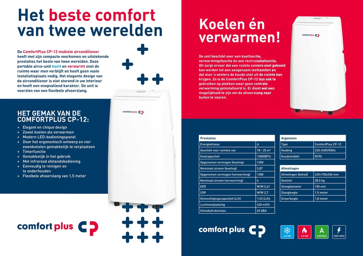 Afbeelding 2 van ComfortPlus CP-12 - Mobiele Airco - 3,5 kW - 12000 BTU