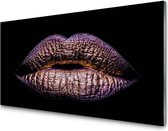 Glasschilderij  GOLDEN METTALIZED FEMALE LIPS |  4 mm veiligheidsglas | 140 X 70 cm | Blind ophangsysteem | Moderne glazen schilderij