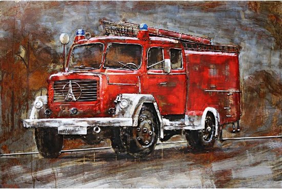 3D art Metaalschilderij - Brandweerauto Magirus Deutz - handgeschilderd - 120 x 80 cm