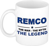 Naam cadeau Remco - The man, The myth the legend koffie mok / beker 300 ml - naam/namen mokken - Cadeau voor o.a  verjaardag/ vaderdag/ pensioen/ geslaagd/ bedankt