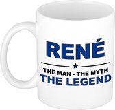 Naam cadeau Rene - The man, The myth the legend koffie mok / beker 300 ml - naam/namen mokken - Cadeau voor o.a  verjaardag/ vaderdag/ pensioen/ geslaagd/ bedankt