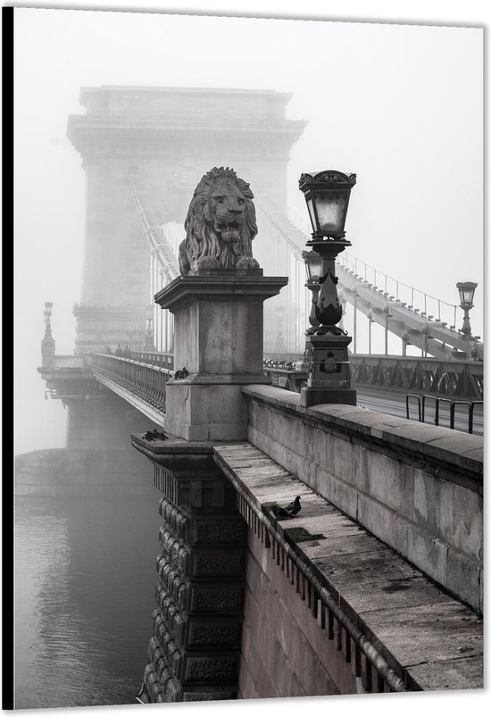 Dibond –Ketting Brug in de Mist- Boedapest– 100x200cm Foto op Aluminium (Met Ophangsysteem)