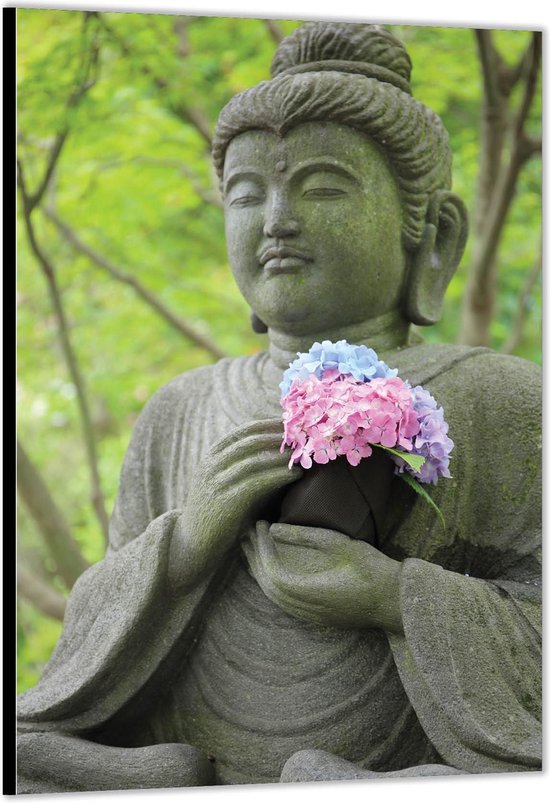 Dibond –Buddha met Bloemen– 40x60cm Foto op Aluminium (Met Ophangsysteem)