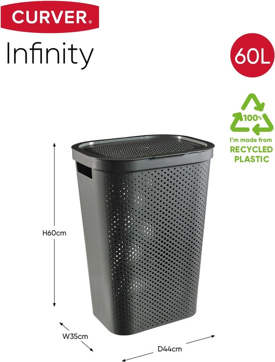 Curver Infinity Recycled Wasmand met deksel - 60L - 2 stuks - Antraciet