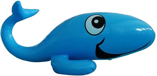 Blauwe opblaasbare walvis sproeier.