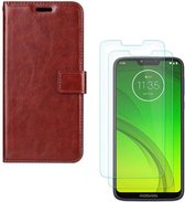 Motorola Moto G7 Power Portemonnee hoesje bruin met 2 stuks Glas Screen protector