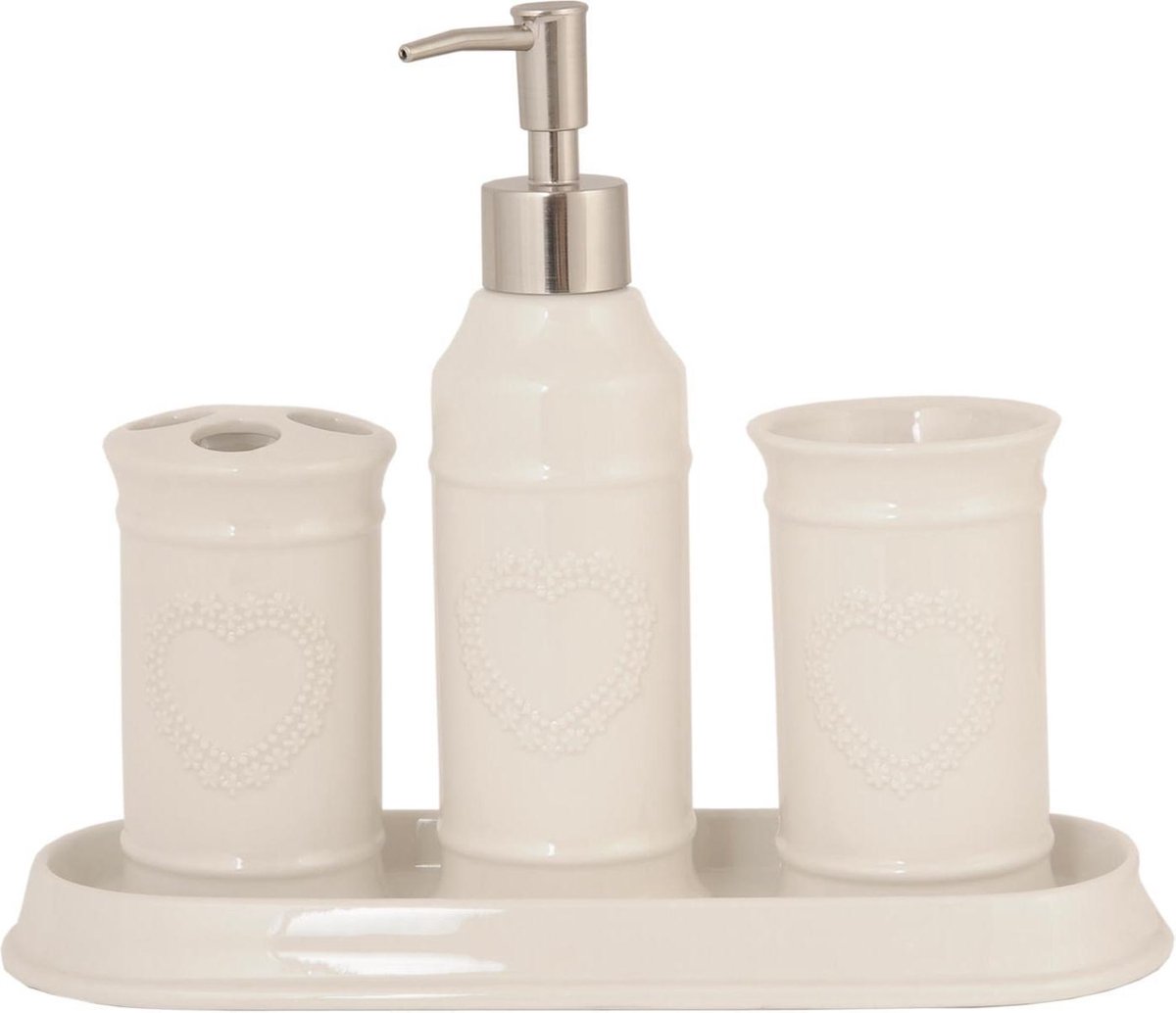 Clayre & Eef Badkamerset Set van 4 Beige Keramiek Ovaal Badkamer Accessoires Set