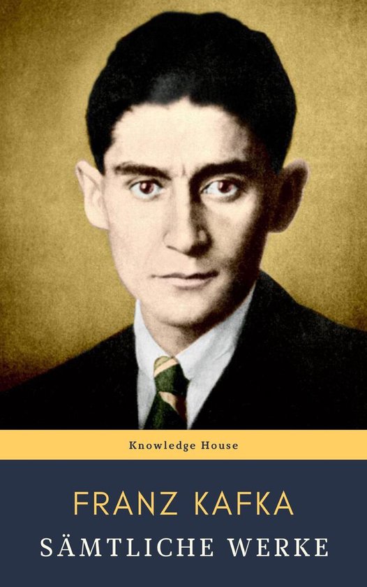 Portret van Franz Kafka, met donker haar, strijdend met een groen-gele stropdas en een zwart pak.