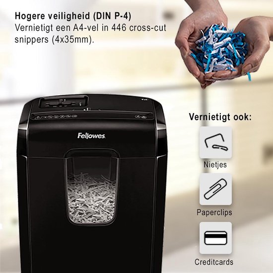 Zwarte papierversnipperaar vernietigt A4-vellen in 446 snippers (4x35mm), nietjes, paperclips en creditcards.